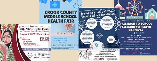 Four posters are arranged in a row. Each poster represents a community event: a Chinese festival in Portland, a health fair in Crook County, a holiday health fair in Gresham, and a back-to-school health carnival in Gresham.