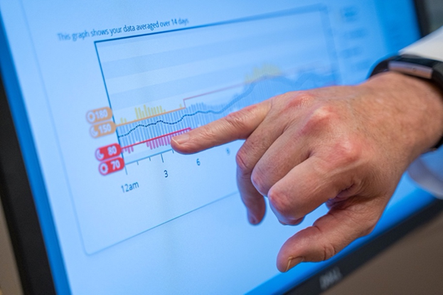 A person pointing at a generic graph with their pinky.