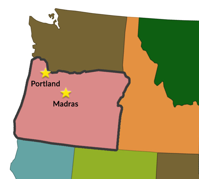 A map of the Pacific Northwest with Portland and Madras, OR highlighted