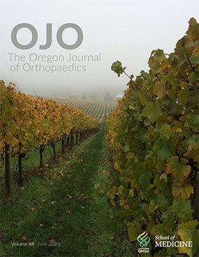Photo of vineyard with yellow and green leaves, text above reads OJO The Oregon Journal of Orthopaedics