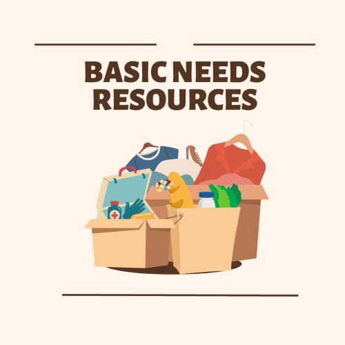 Image of sign with words basic needs resources at the top and images of boxes with clothing and groceries