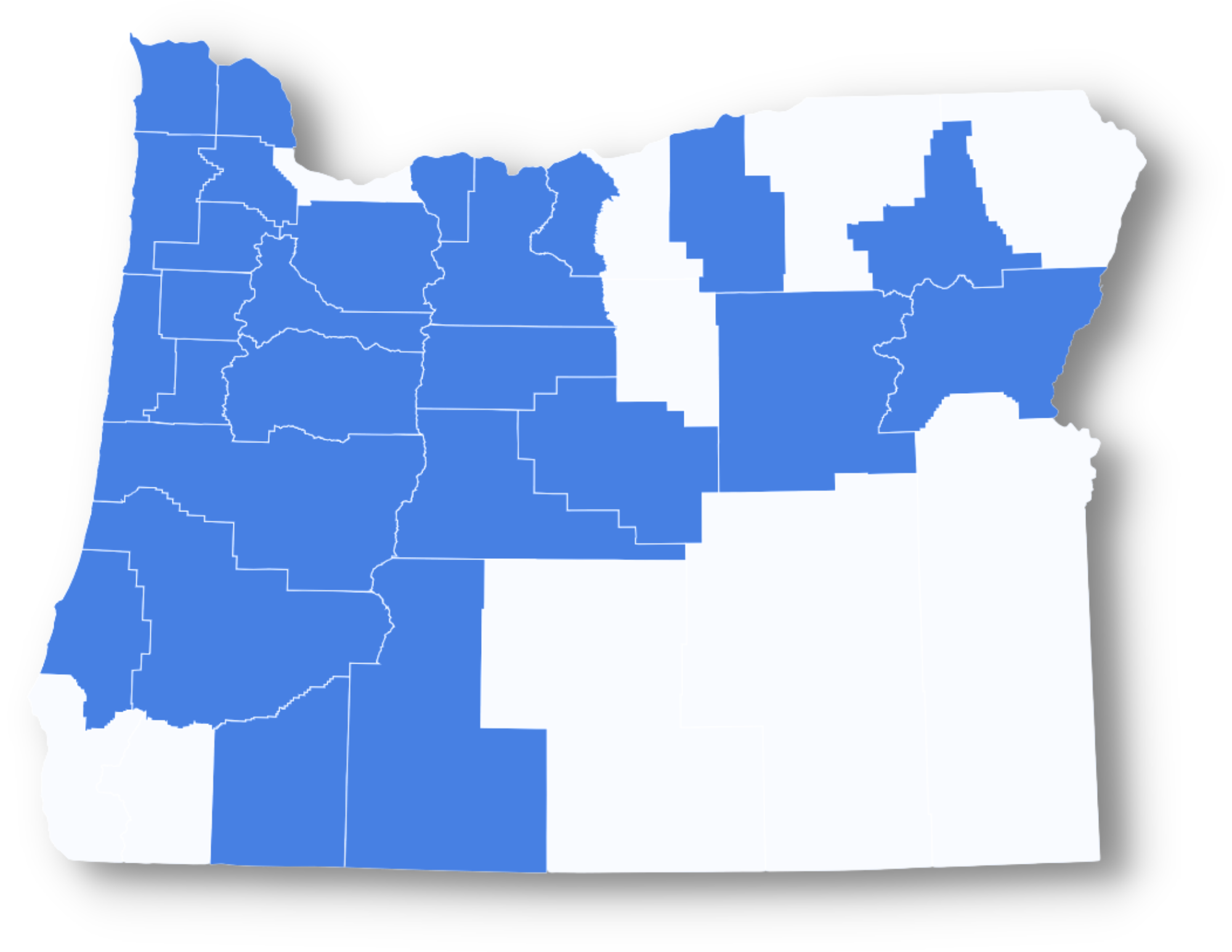 Map of Oregon indicating counties with CaCoon services
