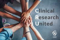 Clinical Research United text to the right of a group of hands all meeting in the middle of a circle. OHSU logo in bottom right corner.