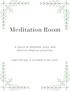 Meditation room signage with white background and green vines on the border