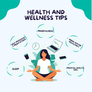 Health and wellness poster with cartoon image of a person meditating