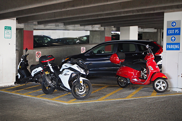 Designated motorcycle parking in a garage