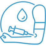 Icon of an arm with a turniquette on bicep and needle in mid arm.