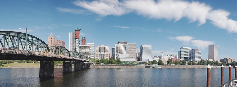 Portland skyline with Willamette River in foreground