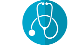 White Stethoscope in front of two tone, blue circle 