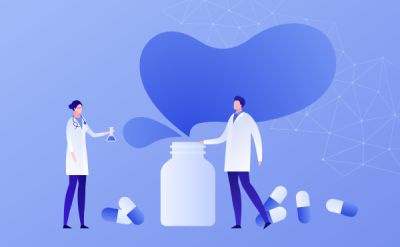 Cartoon of two physicians standing on either side of a large pill bottle with pills on the ground, a cloud coming out of the bottle, and a data network floating above the cloud.