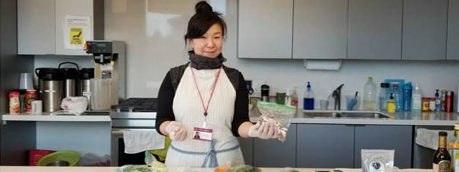 Asako Chihaya teaches a cooking class at the Asian Health & Service Center in Portland, as part of a Tier 3 grant, Phase 2 of Asian Cancer Resource and Support Services (ACRSS).