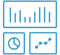 Icon of a data dashboard, which includes a bar graph on top and a pie chart and line graph on the bottom.