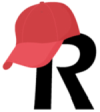 Large black R with a red baseball hat on top. Logo for REDCap software.