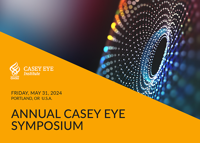 A technicolored oval that looks like an eye covers the top right. The image is bisected diagonally with bright yellow on the bottom left and has the name "Annual Casey Eye Symposium" with the date May 31, 2024.