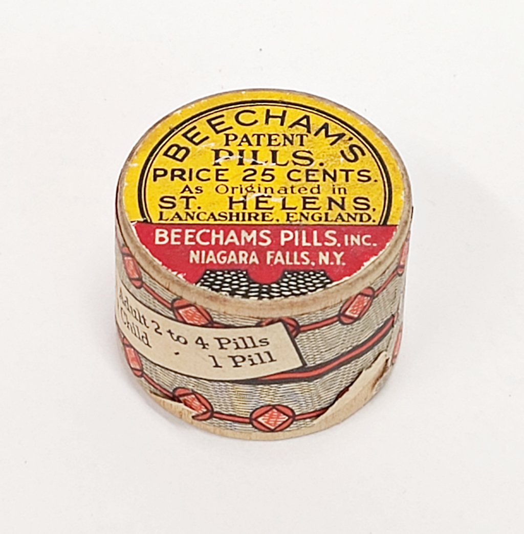 A round case displays a yellow and red label for "Beecham's patent pills"