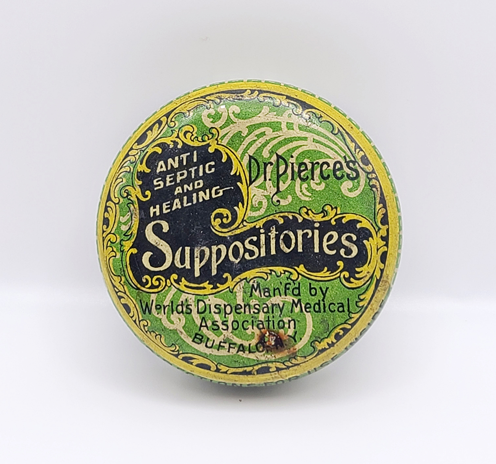 Metal green and yellow case for "Dr. Pierce's Antiseptic and Healing Suppositories"