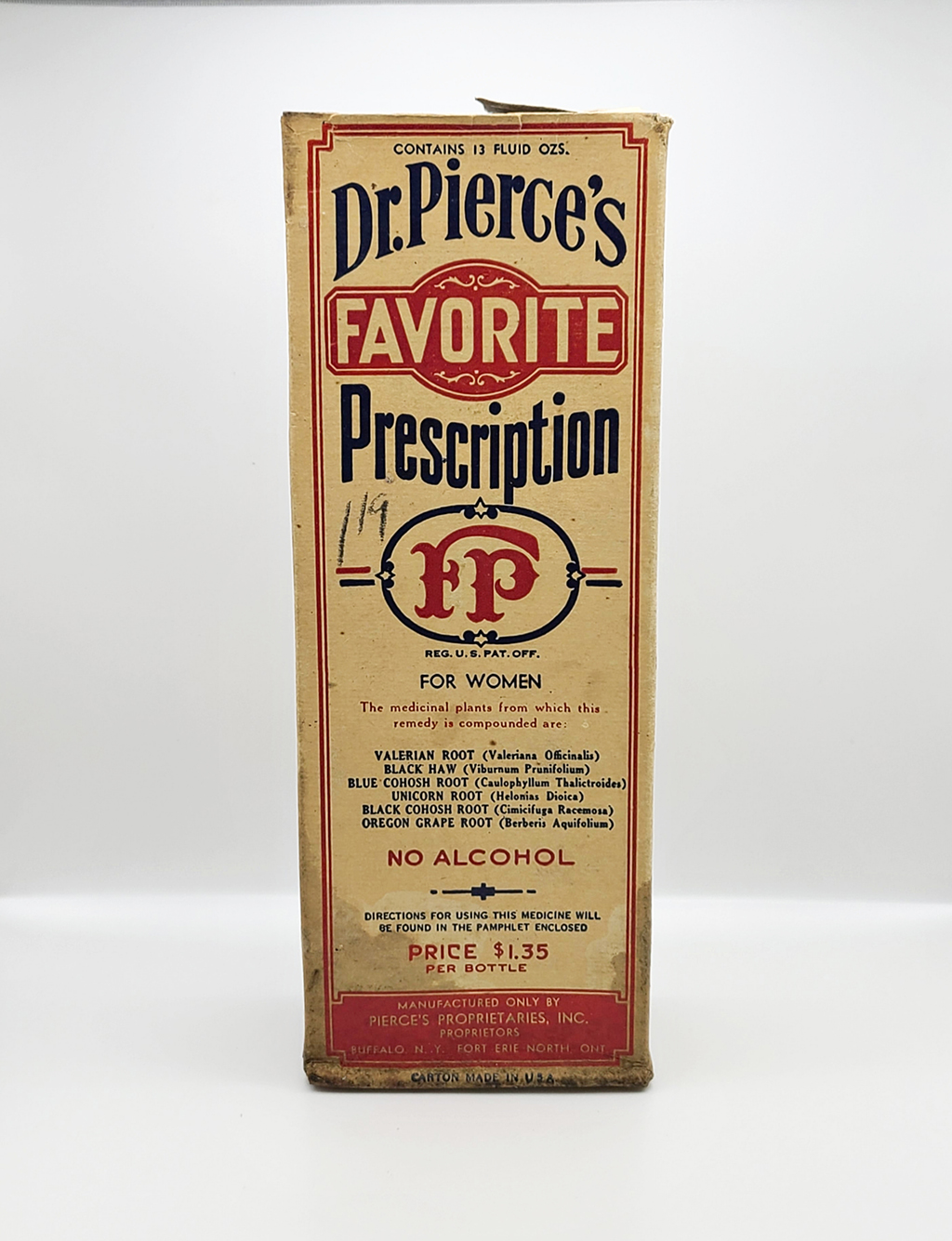 Ivory, red and blue box contains a label for "Dr. Pierce's Favorite Prescription"
