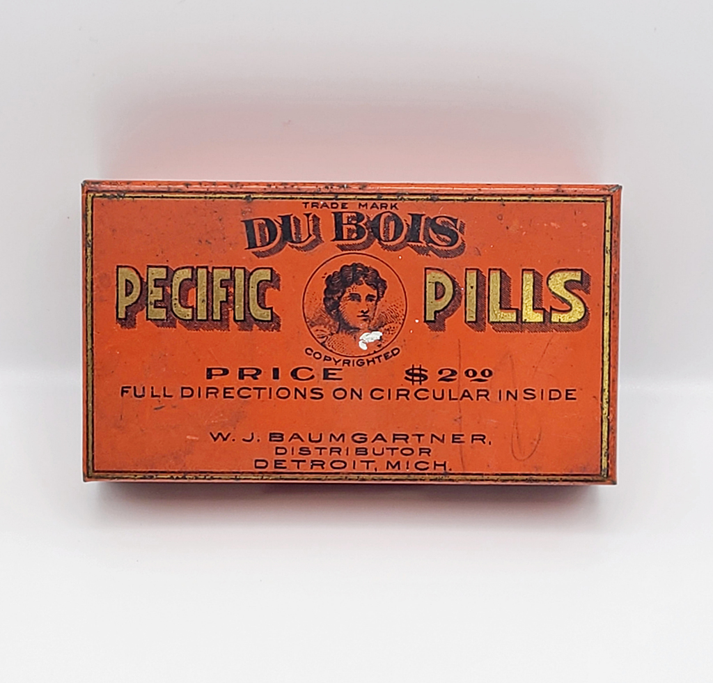 Red box with gold lettering bears the label "Du Bois Pecific Pills"