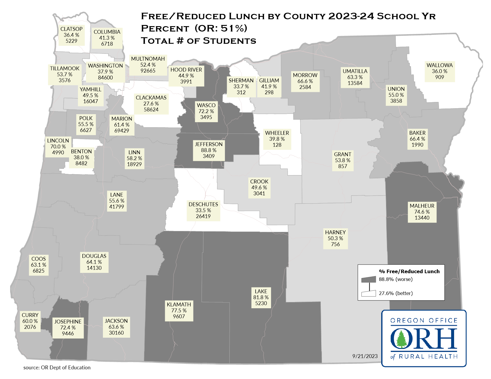 Free-Reduced Lunch by County map