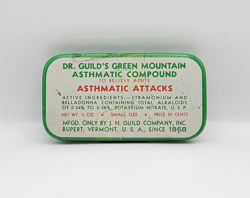 Green, red and white box displays the label, "Dr. Guild's Green Mountain asthmatic compound"