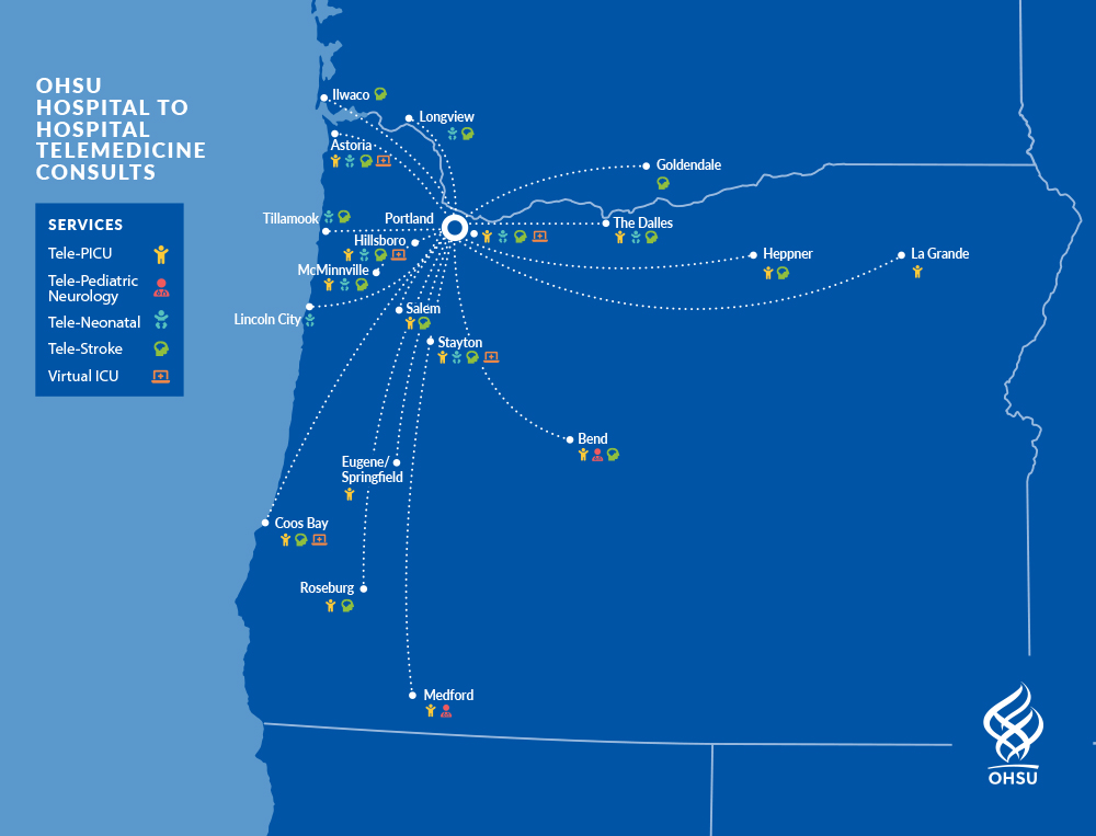 A map of Oregon and southwest Washington showing hospitals and clinics across the region that are part of OHSU’s telemedicine network.