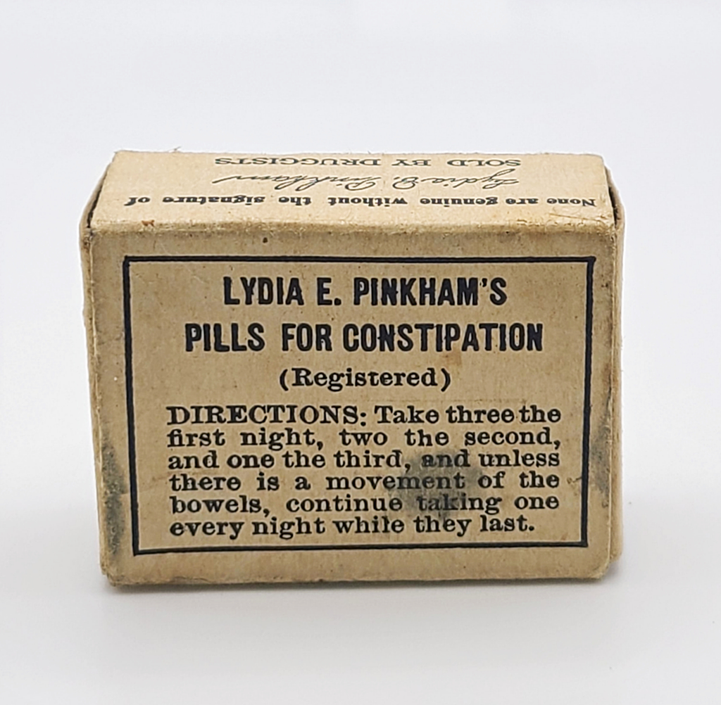 A box with black lettered label reads "Lydia E. Pinkham's Pills for Constipation"
