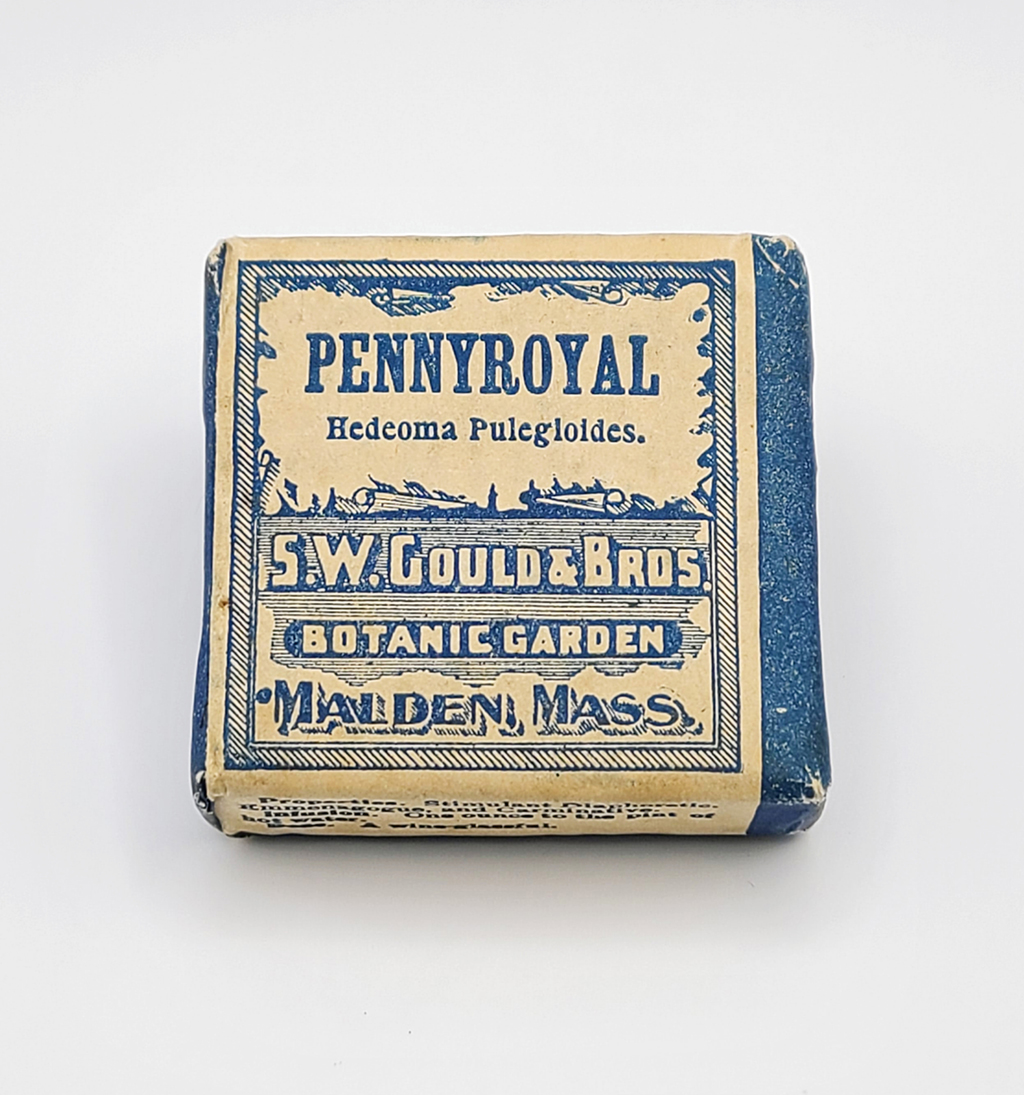White and blue box displays label for "Pennyroyal" by S.W. Gould & Bros.