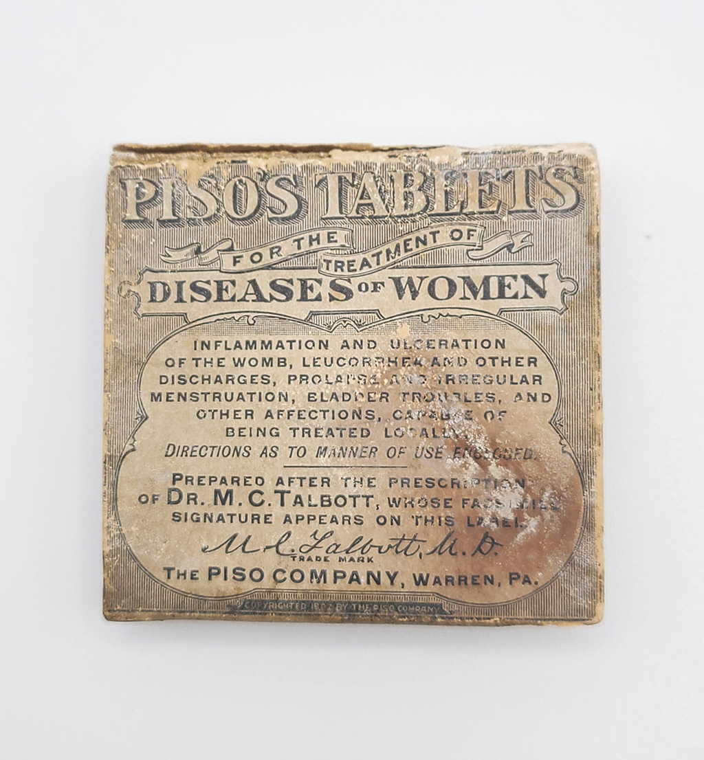 White box contains label for "Piso's Tablets for the treatment of diseases of women"