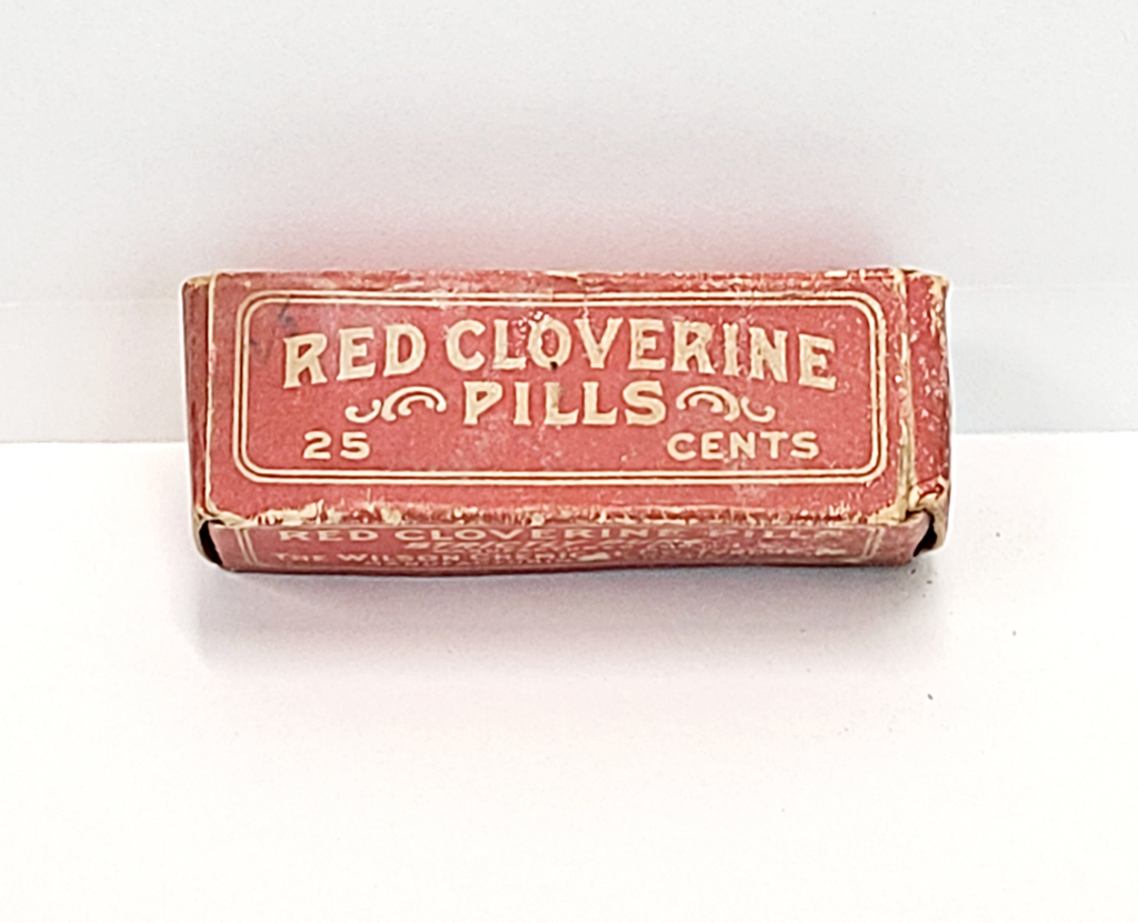 A red box displays the label "Red Cloverine Pills. 25 cents."