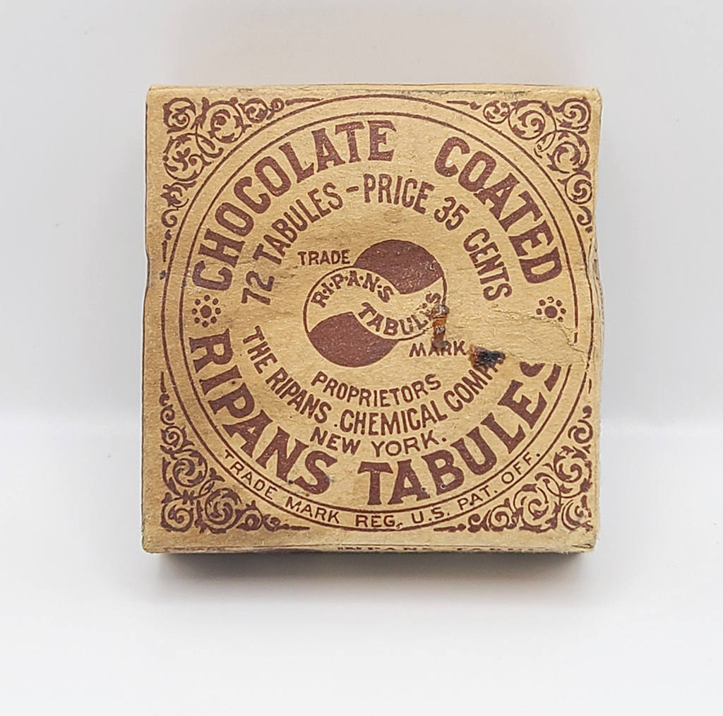 A paper box displays the label "Ripans Chocolate Coated Tabules"
