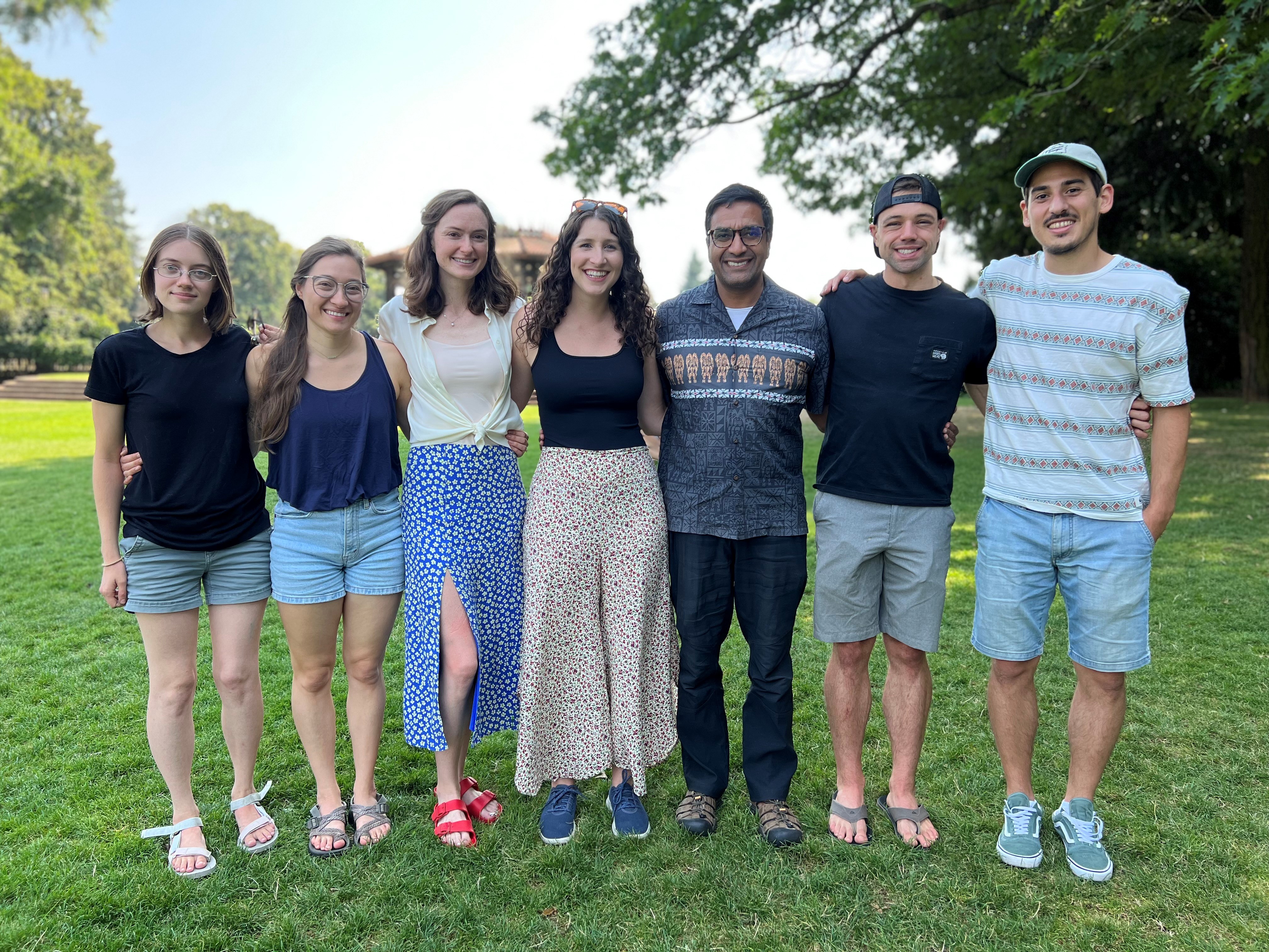 Current members of the Unni lab. From left to right, Anna Bowman, Moriah Arnold, Jessica Keating, Elizabeth Rose, Vivek Unni, Elias Wisdom, and Carlos Soto Faguas