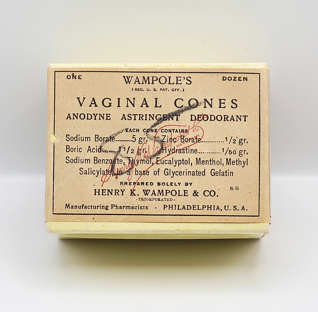 A faded yellow box contains a label for "Wampole's Vaginal Cones"