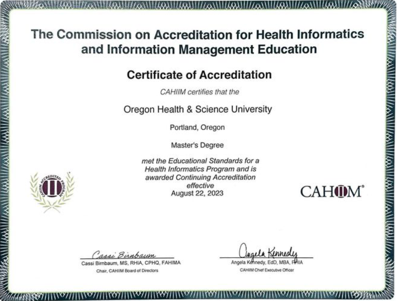 CAHIIM certificate for masters degrees