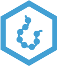 blue outlined hexagon with a blue beaded chain, representing a peptide,  in it