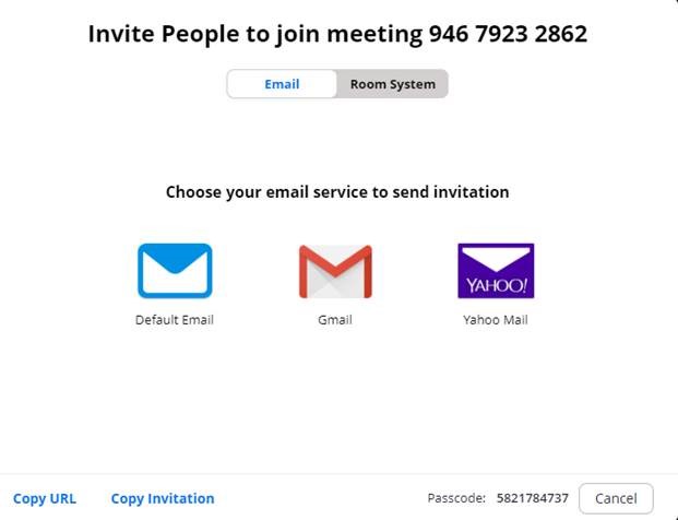 screengrab of zoom invite options