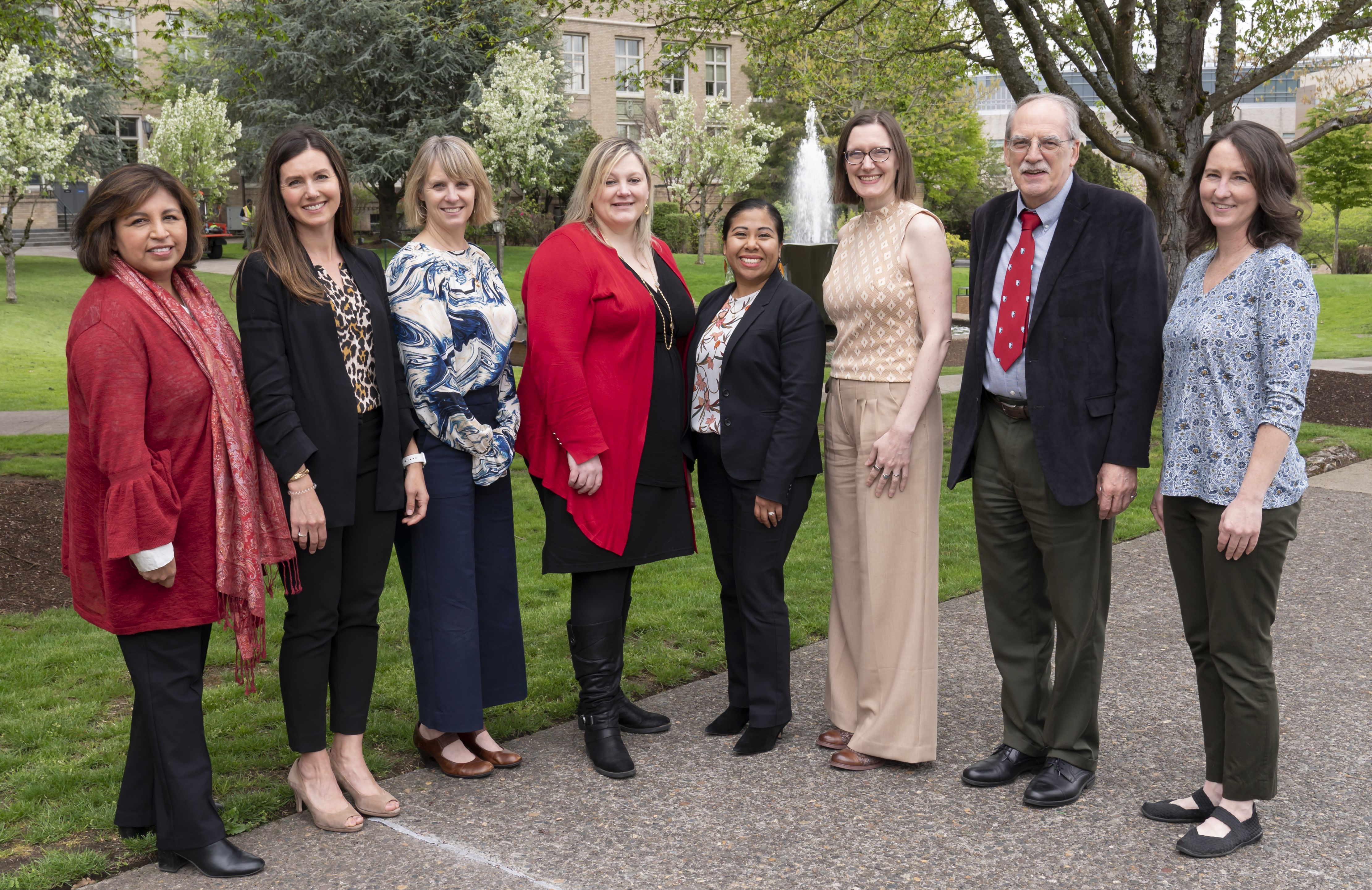 Photo of BIRCWH Leadership and Scholars: Drs. Leslie Garcia, Quin Denfeld, Mary Roberts Davis, Bethany Samuelson Bannow, Estela Vasquez Guzman, Deanne Tibbitts, and Leslie Myatt, and Susan Rosenkranz 