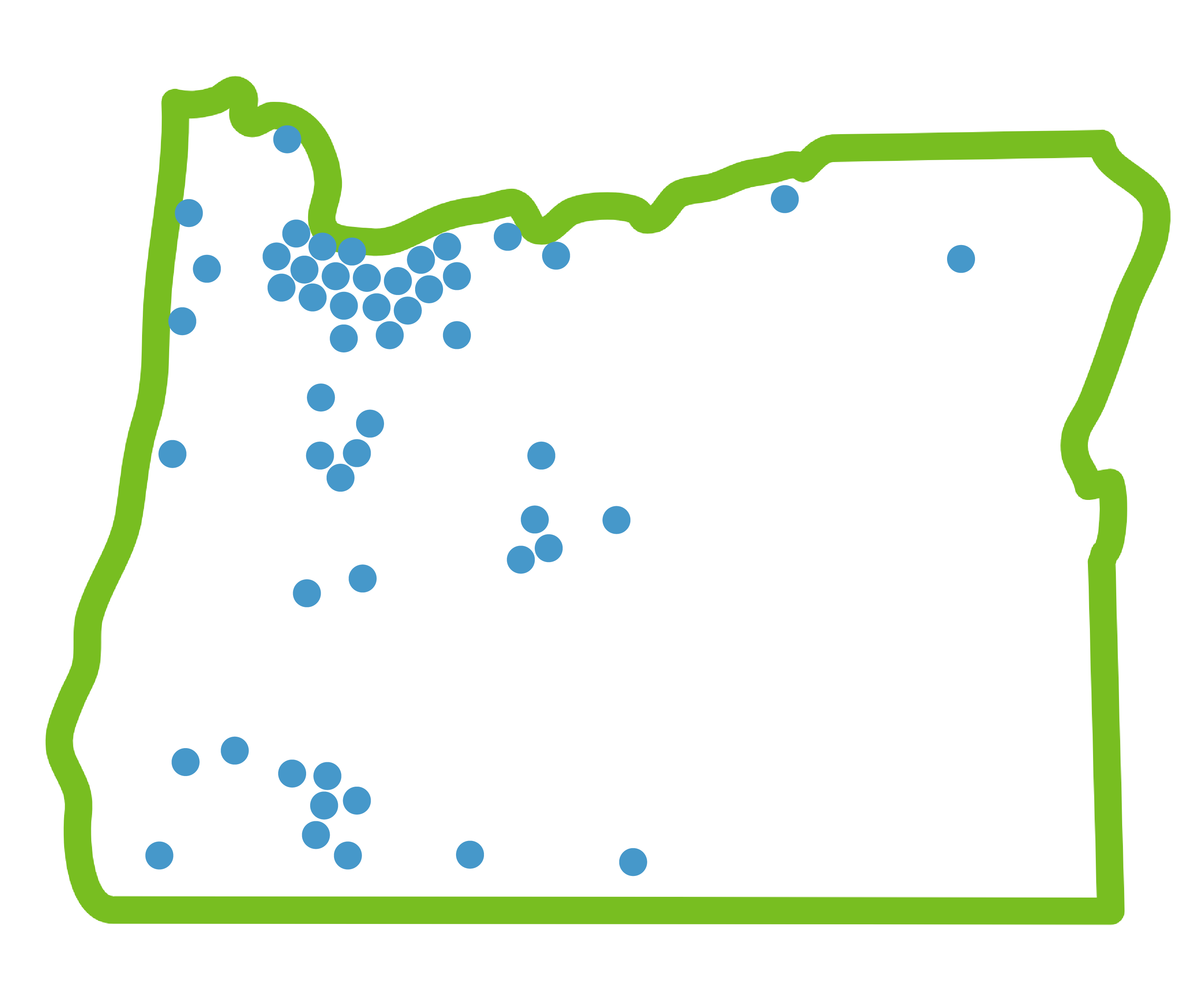 a green outline of the state of Oregon with blue dots representing locations