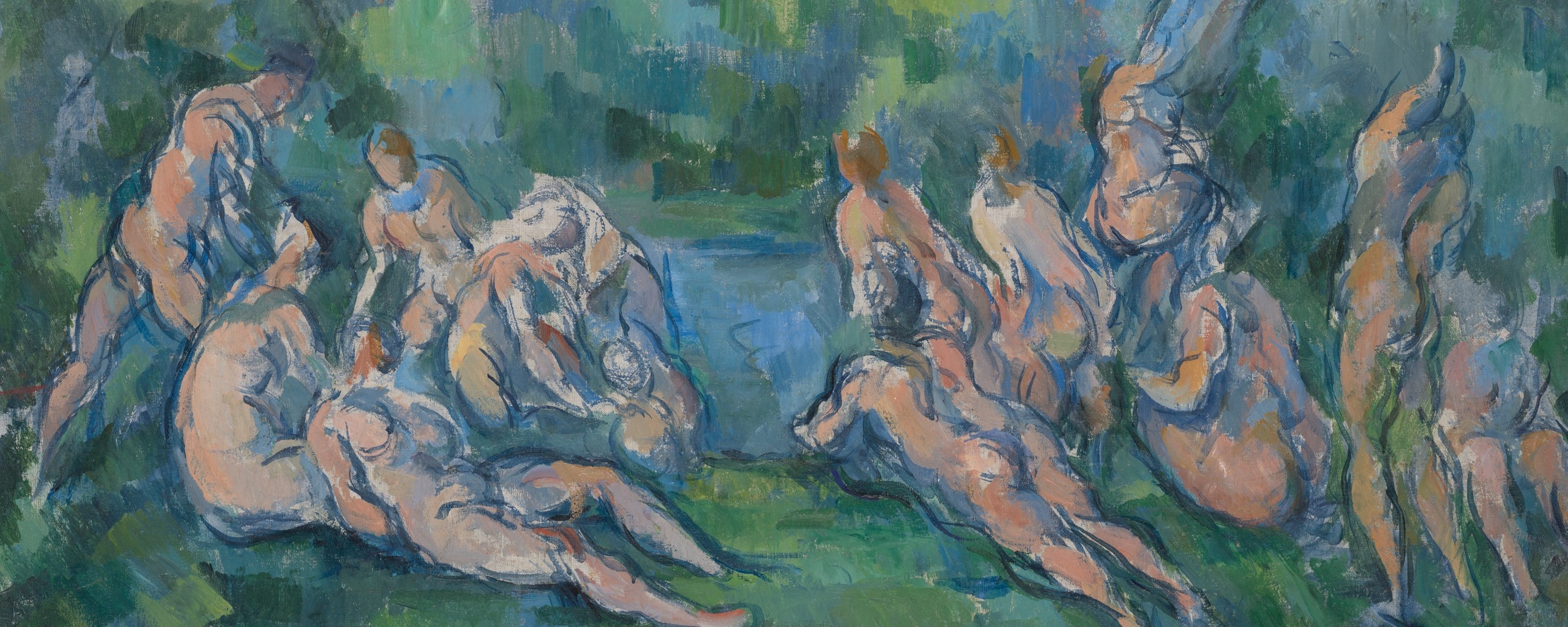 abstract painting of nude figures against a blue and green background