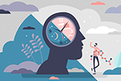 Illustration of a head with a clock inside and a person walking near by. Concept illustrating circadian rhythms.
