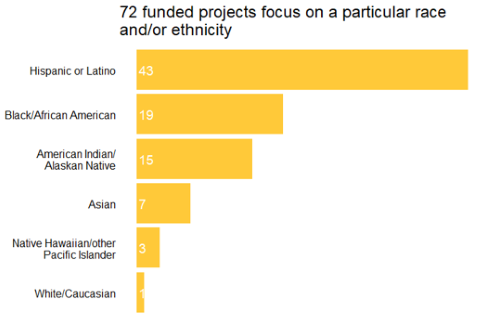 Graph stating 72 funded projects focus on a particular race and/or ethnicity