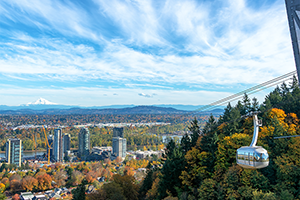 View of Portland and the OHSU tram on a sunny day.