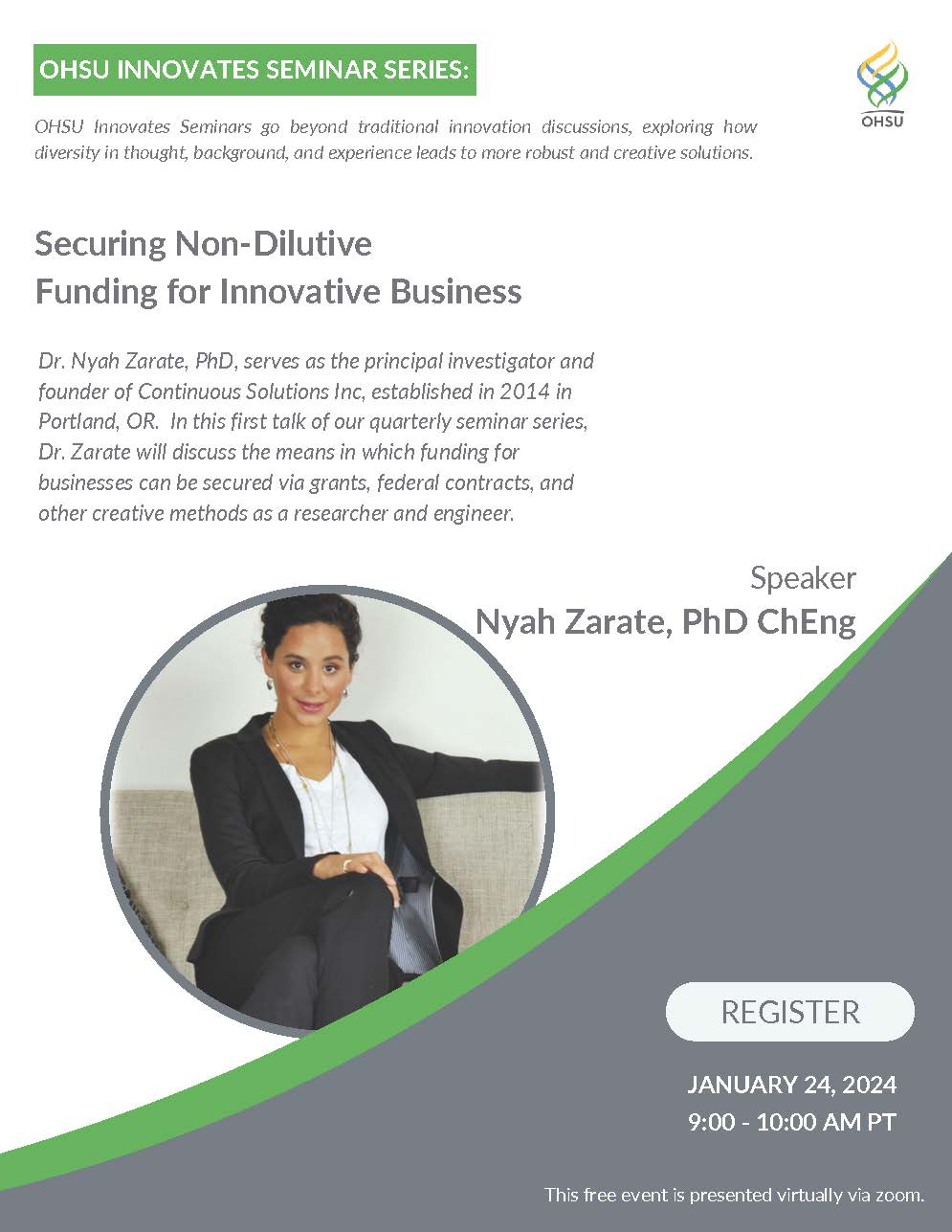 Flyer for OHSU Innovates webinar - includes image of Nyah Zarate