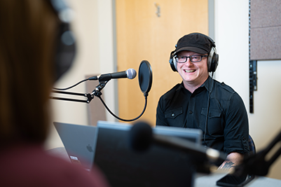 OccHealthSci staff member Shaun McGillis recording a podcast.