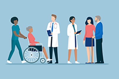 Illustration of healthcare workers and patients standing against a blue backdrop.
