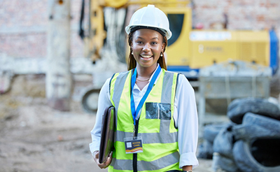 engineer, construction worker or architect woman feeling proud and satisfied with career opportunity. Portrait of black building management employee or manager working on a project site