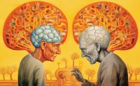 An artistic depiction of two brains talking to each other