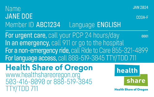 Health Share of Oregon example identification card front