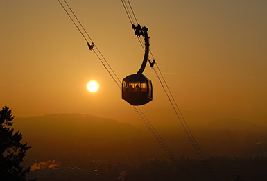 A shot of the Portland Aerial Tram at sunset