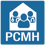 PCMH badge logo which depicts 3 figures, one in the middle and then two of which are indicated to be medical professionals on either side, all within a white building.