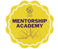 Logo for OHSU Mentorship Academy. Ghosted compass over a yellow gold award ribbon shape with OHSU flame logo.